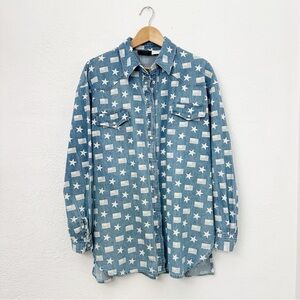 Vintage Cassini Jeans Blue Denim Chambray Pearl Snap Western Shirt Star Flag